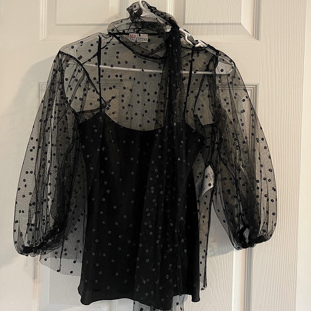 RED Valentino, Tulle Polka Dot Transparent Blouse in Size XS-S 38 Color Black